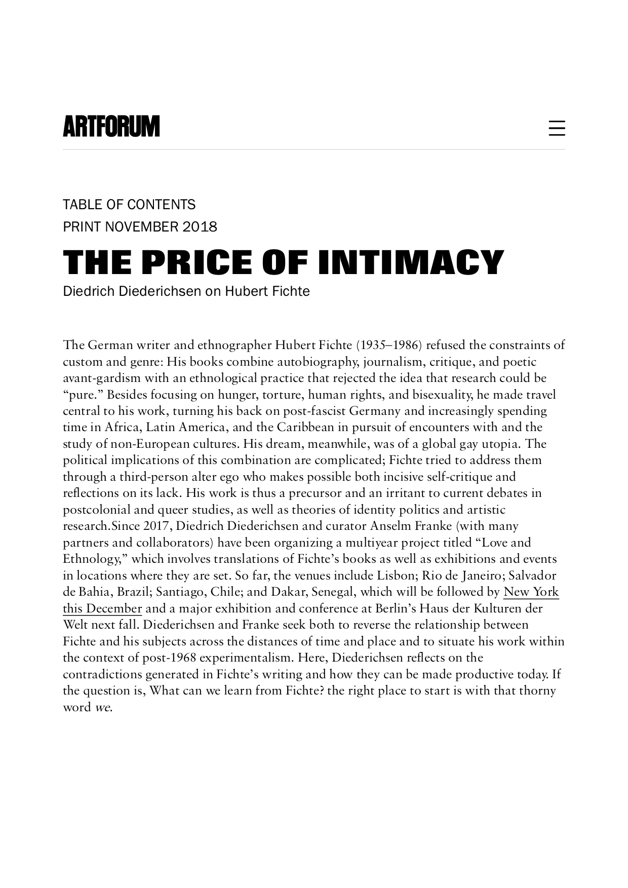 Artforum | November 2018 | Diedrich Diederichsen 